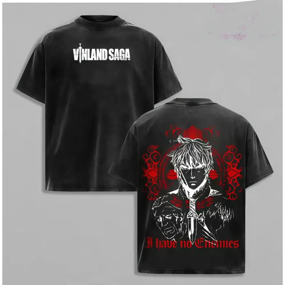 Black vinland saga thorfinn t-shirt with white logo red graphic and i have no enemies text in soft cotton