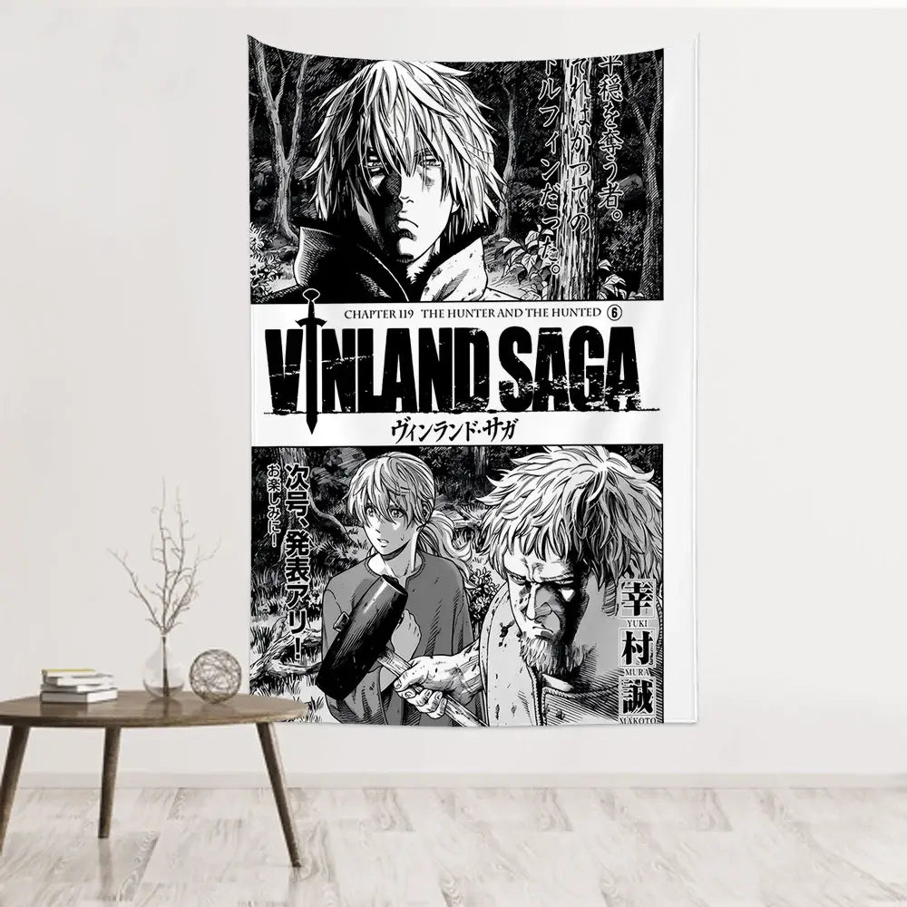 Vinland saga black and white manga-themed wall cloth tapestry featuring bold text and character illustrations for wall decor
