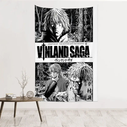 Vinland saga black and white manga-themed wall cloth tapestry featuring bold text and character illustrations for wall decor