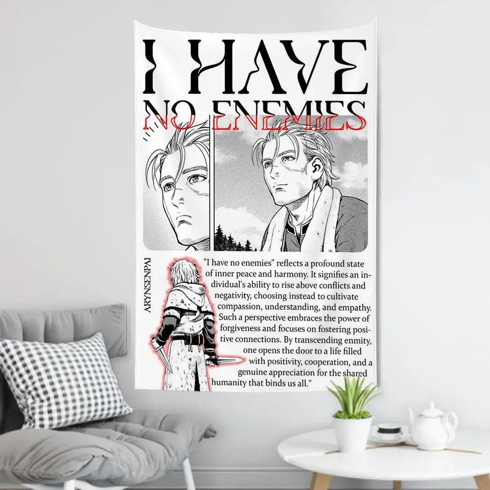 Black and white vinland saga wall cloth tapestry featuring anime character and red text i have no enemies