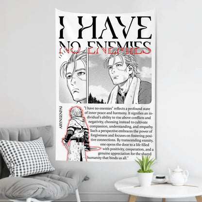 Black and white vinland saga wall cloth tapestry featuring anime character and red text i have no enemies