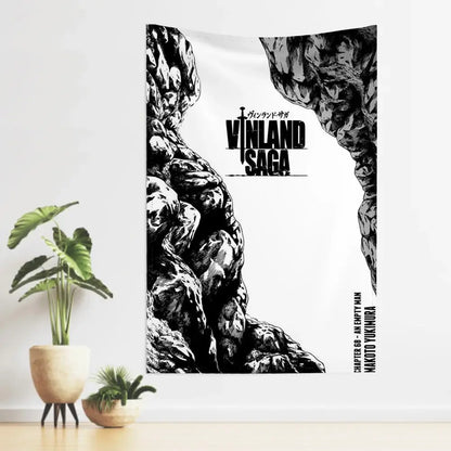 Black and white vinland saga tapestry featuring dramatic rocky cliffside design with bold text wall cloth background