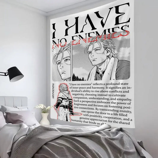 White wall cloth tapestry featuring vinland saga grayscale anime characters with black and red text design