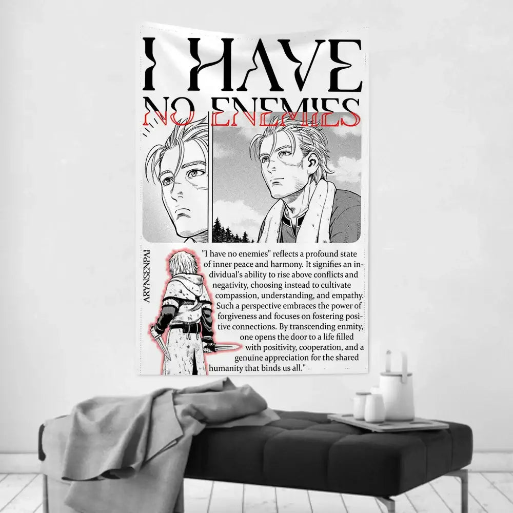 Black and white vinland saga wall cloth tapestry featuring anime character artwork and i have no enemies text