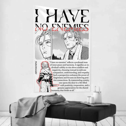 Black and white vinland saga wall cloth tapestry featuring anime character artwork and i have no enemies text