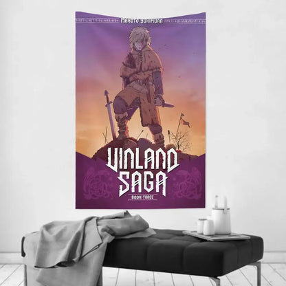 Vinland saga wall cloth tapestry with purple and orange gradient featuring character from book three for wall decor