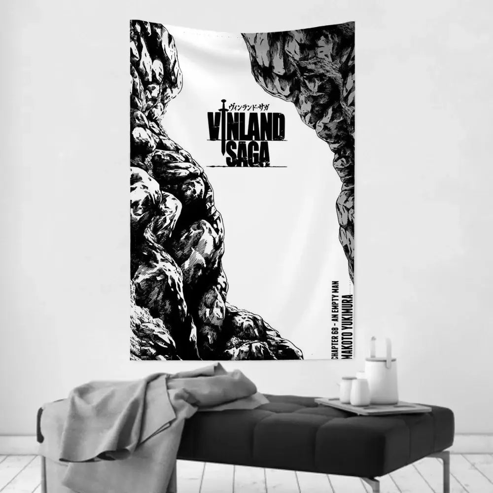 Black and white vinland saga wall cloth tapestry featuring bold text and detailed rock illustrations for decor