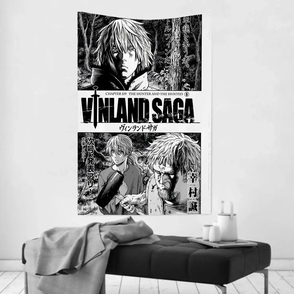 Black and white vinland saga manga wall cloth tapestry featuring bold text and detailed character illustrations