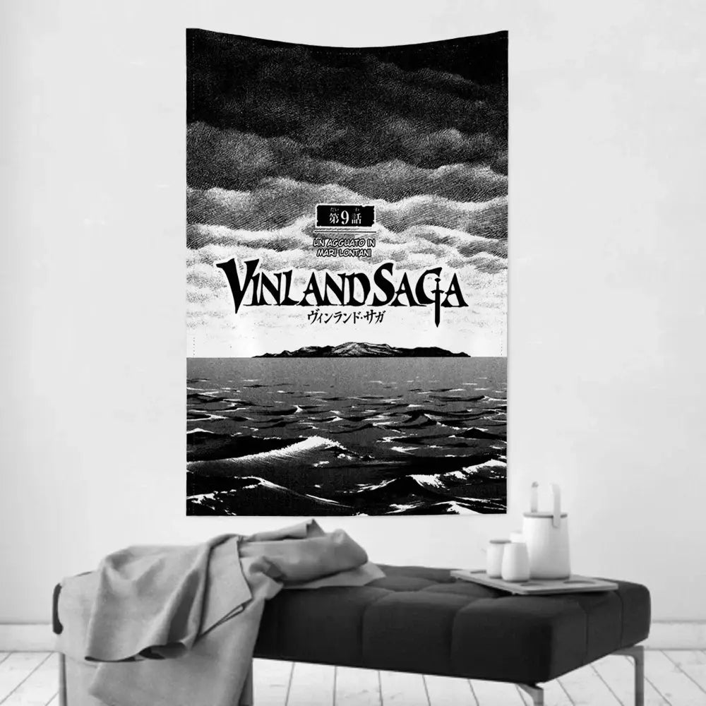 Black and white vinland saga tapestry wall cloth featuring a stylized ocean scene with dramatic clouds above an island