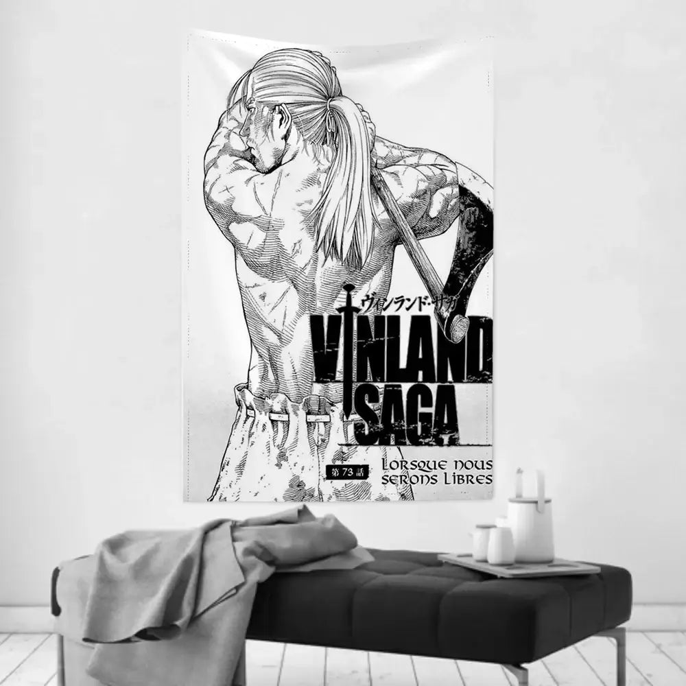 Vinland saga v tapestry black and white wall cloth featuring a muscular character with sword and ponytail