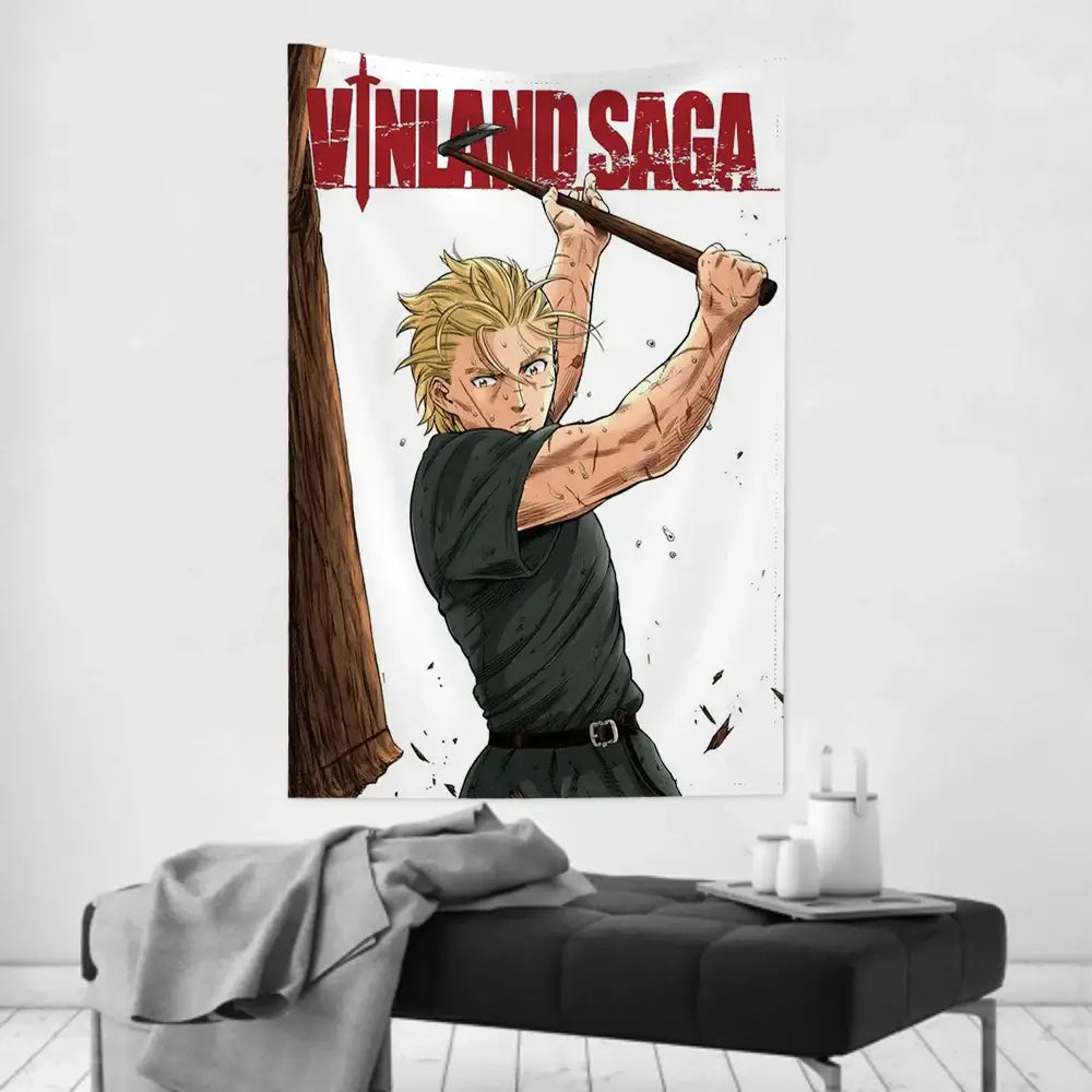 Vinland saga v tapestry wall cloth features a blonde character in black wielding an axe on white fabric with red lettering