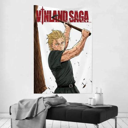 Vinland saga v tapestry wall cloth features a blonde character in black wielding an axe on white fabric with red lettering