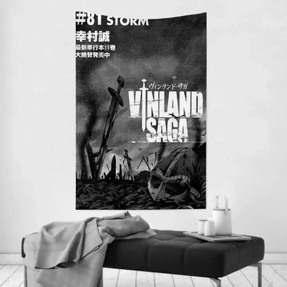 Vinland saga black and white tapestry wall cloth featuring viking helmet swords and stormy battlefield design