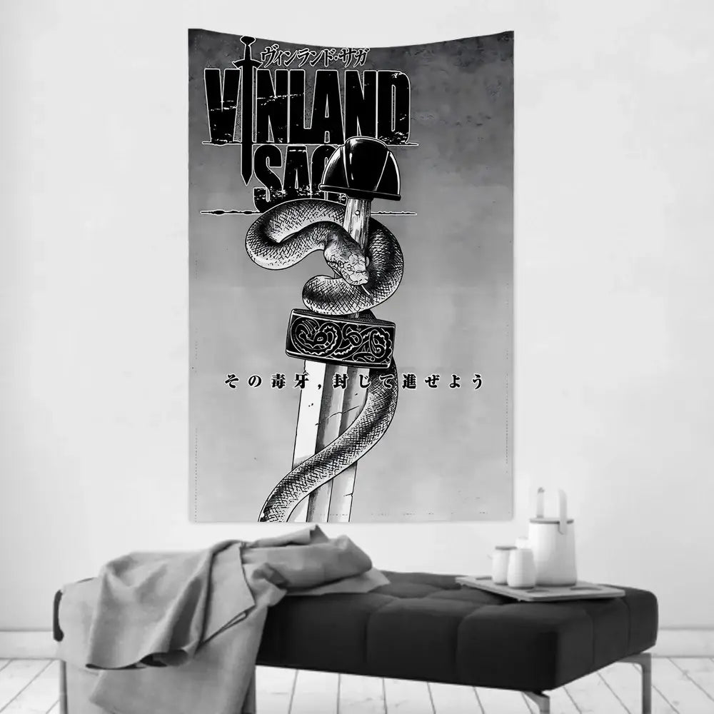 Black and white vinland saga tapestry wall cloth featuring a snake coiled around a sword with ornate hilt details
