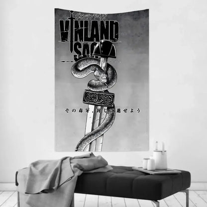 Black and white vinland saga tapestry wall cloth featuring a snake coiled around a sword with ornate hilt details