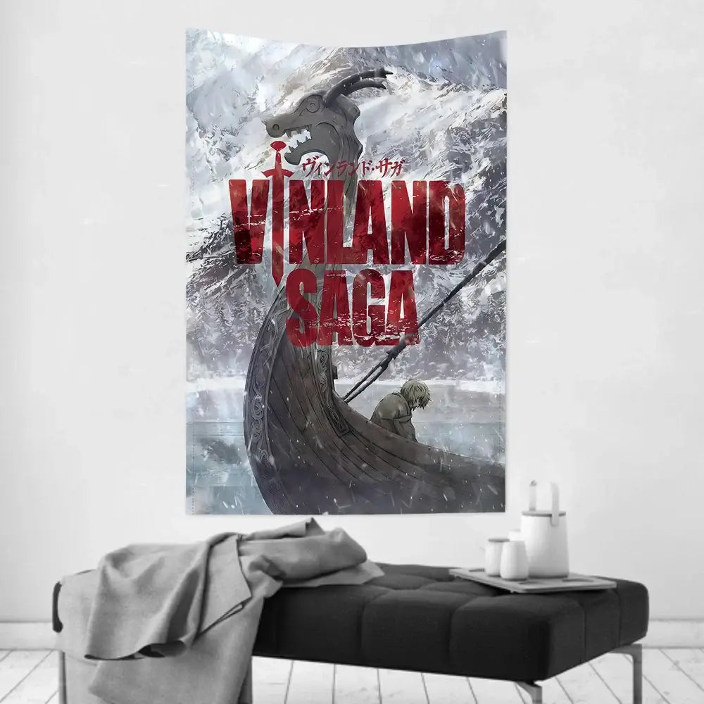Vinland saga v tapestry wall cloth featuring a viking ship and character in icy waters with bold red lettering on gray fabric