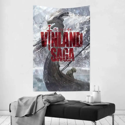 Vinland saga v tapestry wall cloth featuring a viking ship and character in icy waters with bold red lettering on gray fabric
