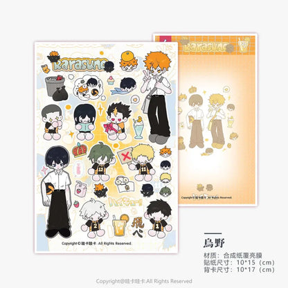 A colorful glossy sticker sheet of wakawaka cute character decals featuring haikyuu anime cartoon designs for diy scrapbooking