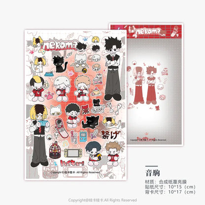 Wakawaka cute character sticker decal sheet with nekoma cartoon characters in red and black on glossy paper for scrapbooking