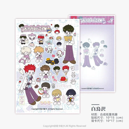 A wakawaka cute character sticker decal sheet featuring chibi chiratorizawa anime designs on glossy pastel paper