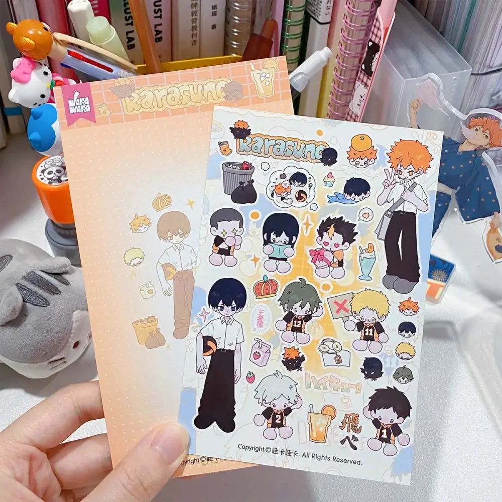 A colorful wakawaka cute character sticker decal sheet with haikyuu cartoon designs printed on glossy paper for scrapbooking
