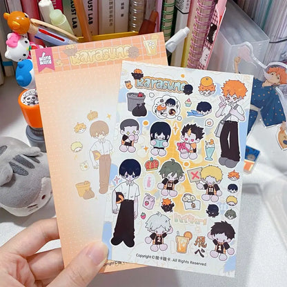 A colorful wakawaka cute character sticker decal sheet with haikyuu cartoon designs printed on glossy paper for scrapbooking