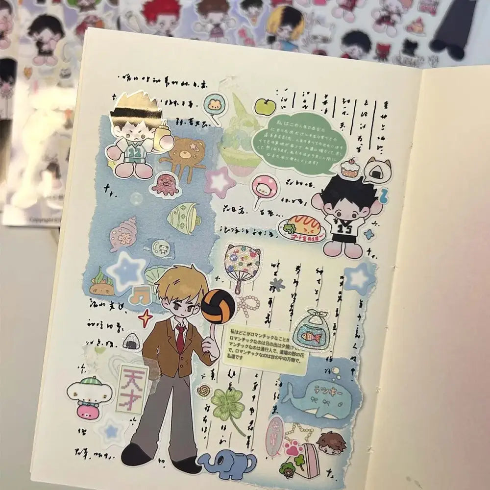A colorful wakawaka cute character sticker decal featuring a cartoon boy with volleyball on a hand-decorated notebook page