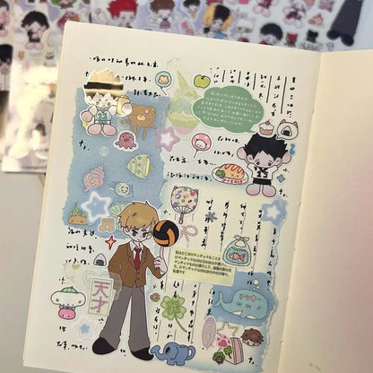 A colorful wakawaka cute character sticker decal featuring a cartoon boy with volleyball on a hand-decorated notebook page