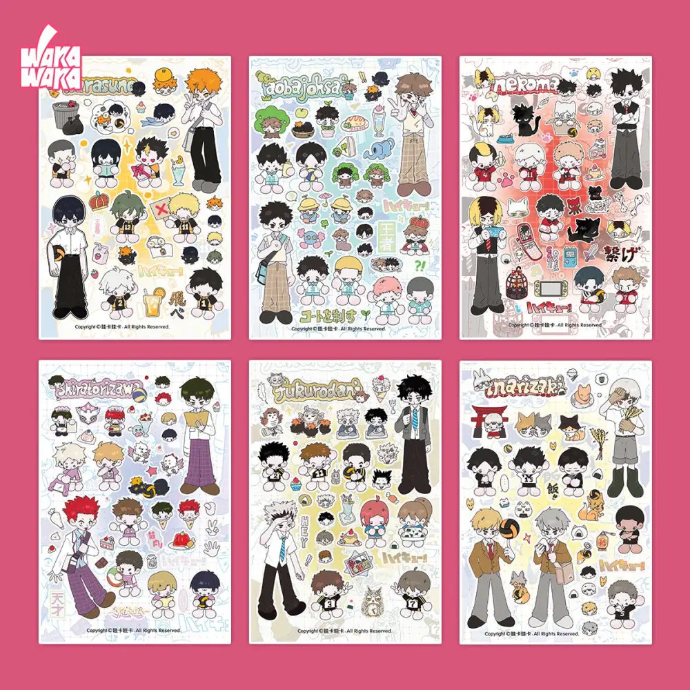 Set of six wakawaka cute character sticker sheets featuring colorful chibi anime designs for diy scrapbooking