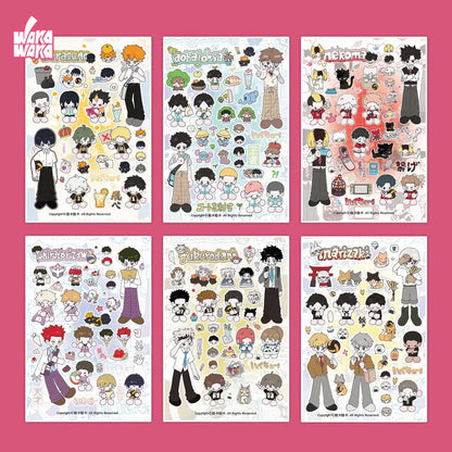 Set of six wakawaka cute character sticker sheets featuring colorful chibi anime designs for diy scrapbooking