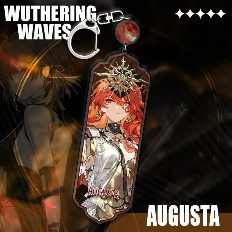 Translucent acrylic keychain featuring augusta character with orange hair and armor from wuthering waves cartoon anime strip pendant