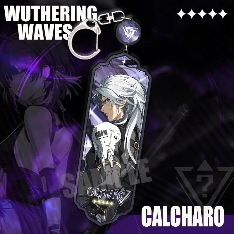 Silver and black acrylic wuthering waves cartoon anime strip pendant keychain featuring calcharo with long white hair