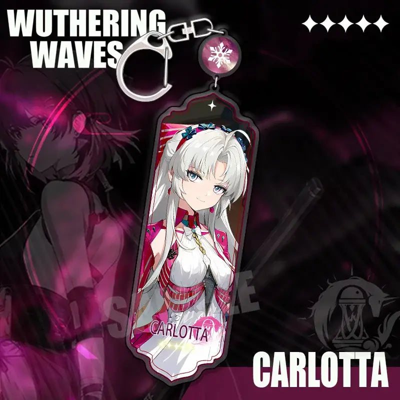 Translucent pink and white acrylic wuthering waves cartoon anime strip pendant keychain featuring carlotta with metal ring and snowflake charm