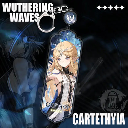 Translucent acrylic wuthering waves keychain featuring anime style cartethyia with blonde hair and elven ears strip pendant