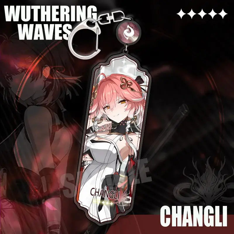Translucent acrylic wuthering waves hiyuki keychain featuring pink hair cartoon anime strip pendant illustration