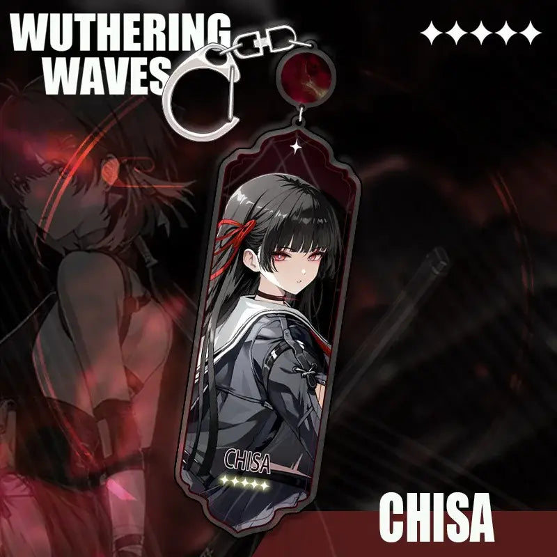 Wuthering waves sleek transparent acrylic keychain featuring cartoon anime character with black hair red eyes strip pendant