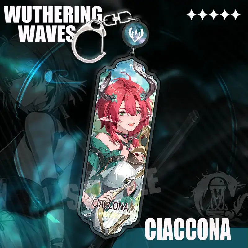 Translucent acrylic wuthering waves hiyuki keychain featuring vibrant red hair and green armor cartoon anime strip pendant