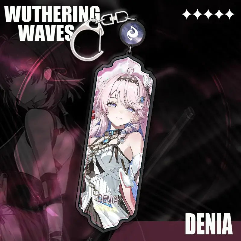 Translucent acrylic wuthering waves keychain featuring denia with pink hair in ornate white outfit cartoon anime strip pendant