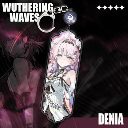 Translucent acrylic wuthering waves keychain featuring denia with pink hair in ornate white outfit cartoon anime strip pendant