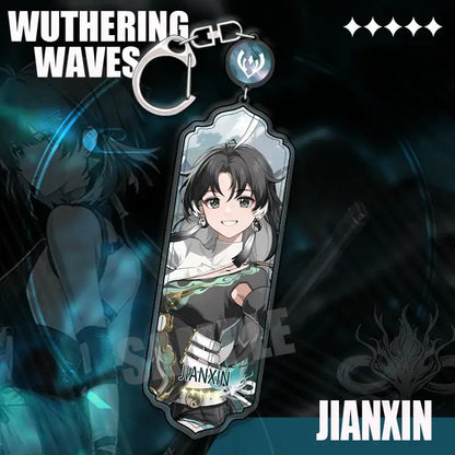 Translucent acrylic wuthering waves keychain featuring a dark hair cartoon anime character in a black and white strip pendant