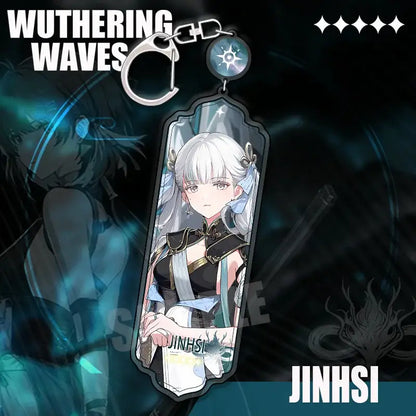 Wuthering waves hiyuki keychain featuring a silver-haired character in black and blue on a translucent acrylic strip pendant