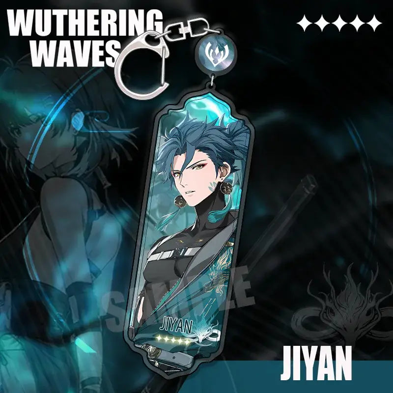 A translucent teal acrylic wuthering waves keychain featuring a spiky blue haired cartoon anime character strip pendant