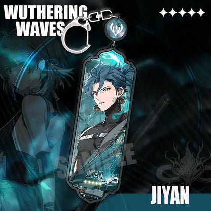 A translucent teal acrylic wuthering waves keychain featuring a spiky blue haired cartoon anime character strip pendant
