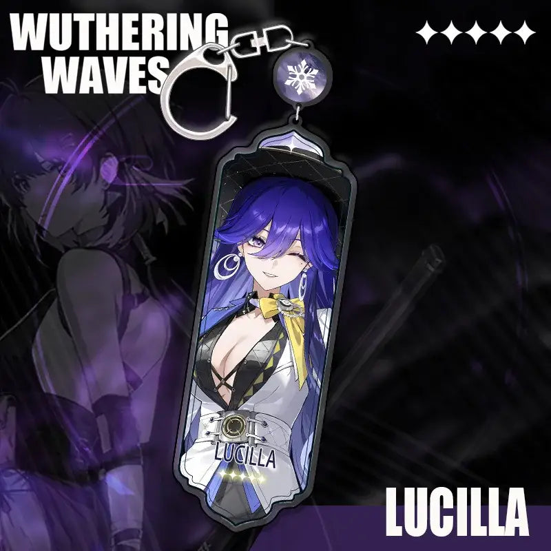 A translucent acrylic wuthering waves keychain featuring lucilla with purple hair and yellow bowtie strip pendant
