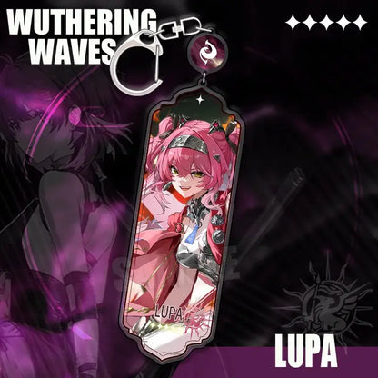 Wuthering waves cartoon anime acrylic keychain strip pendant featuring lupa with pink hair and red armor