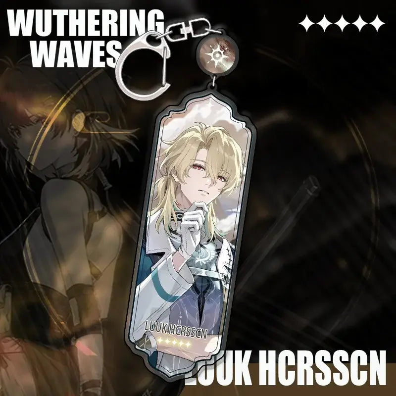 Silver-toned acrylic wuthering waves cartoon anime strip pendant keychain featuring blonde character luuk hcrsscn label