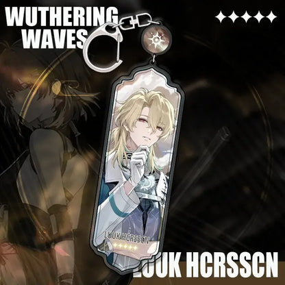 Silver-toned acrylic wuthering waves cartoon anime strip pendant keychain featuring blonde character luuk hcrsscn label
