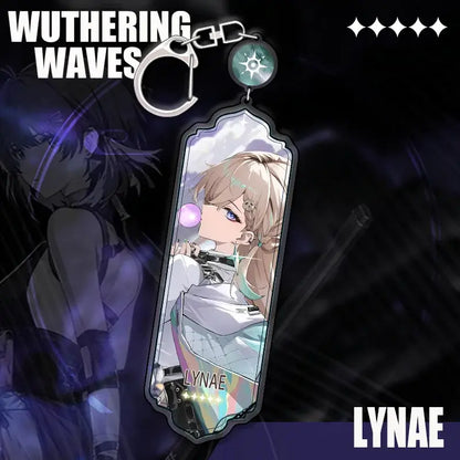Wuthering waves cartoon anime acrylic keychain with blonde character blowing bubblegum and green star strip pendant