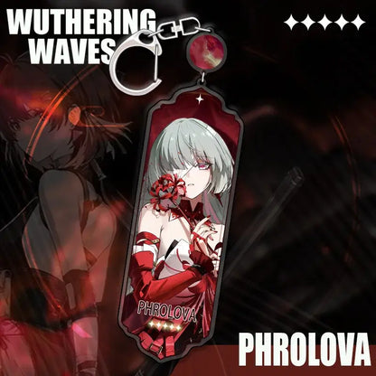 Wuthering waves cartoon anime strip pendant keychain featuring a red and white acrylic design with silver-haired character phrolova