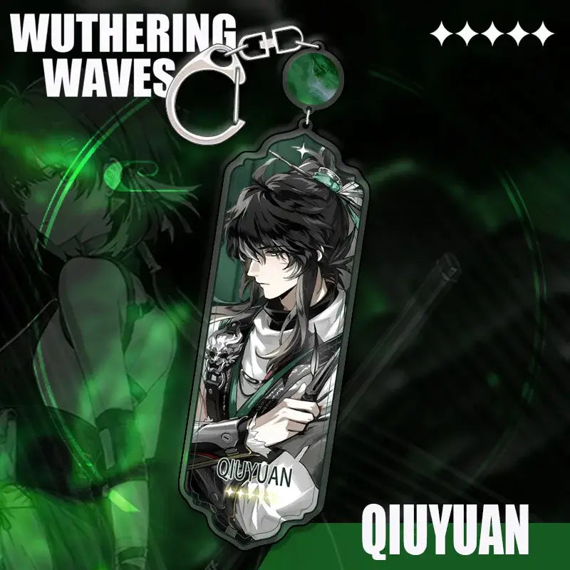 Wuthering waves cartoon anime strip pendant keychain made of translucent green acrylic featuring a character design